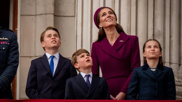 Prince George, the Princess of Wales, Prince Louis and Princess Charlotte on the balcony of Buckingham Palace,