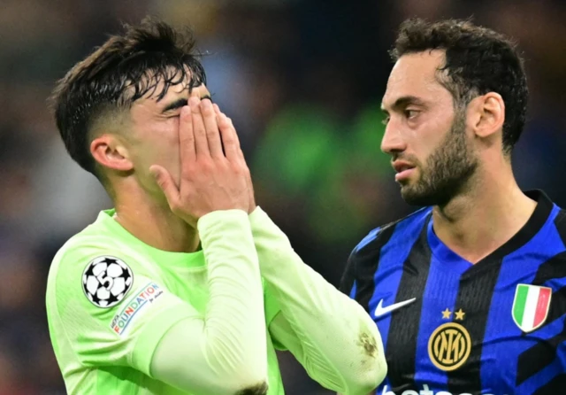 FC Barcelona's Pedri reacts after missing a chance