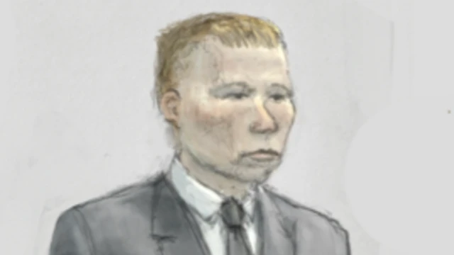 Sketch of Carruthers. He is clean shaven with short blond hair and wearing a black suit and tie with a white shirt
