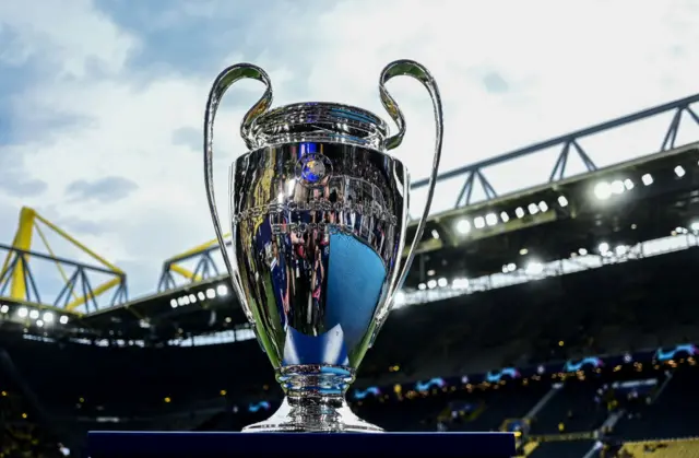 The Champions League trophy is pictured