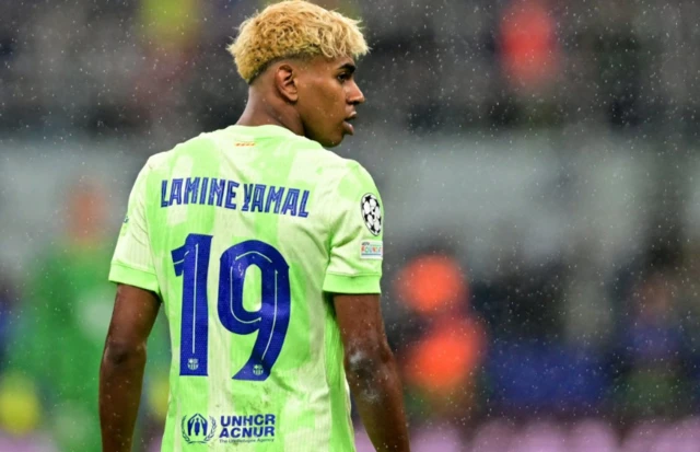 FC Barcelona's Lamine Yamal looks on