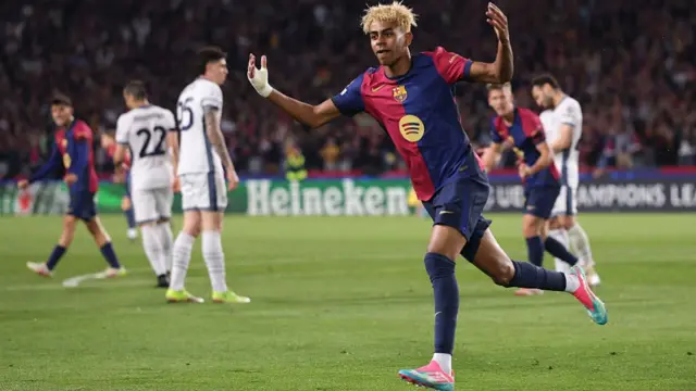 Lamine Yamal of FC Barcelona celebrates scoring