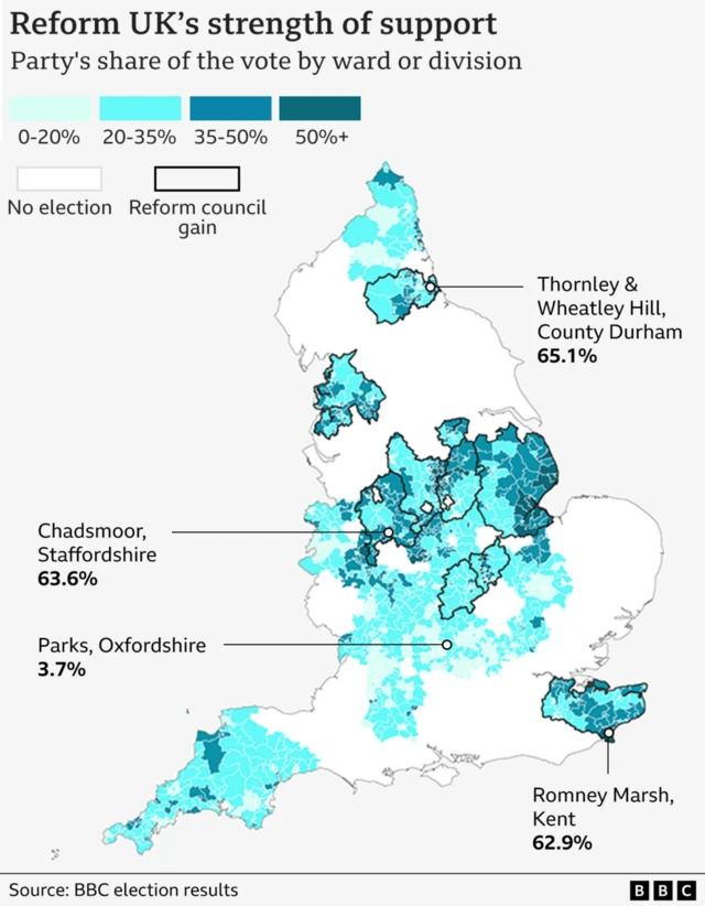 Map showing Reform UK's strength of support across the UK