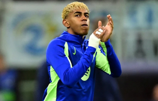 FC Barcelona's Lamine Yamal looks on