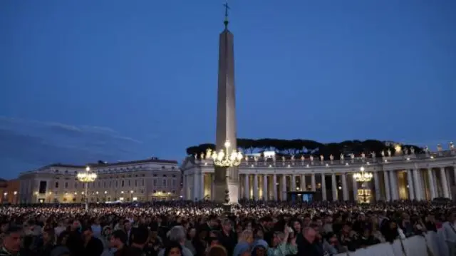 Hundreds of people can be seen in a shot of St Peter's Square on Wednesday evening