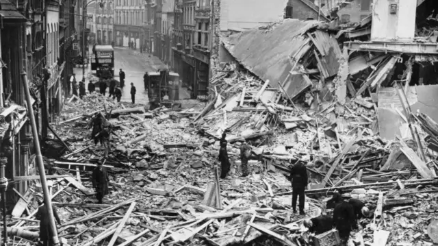 Black and white image of bomb destruction in the centre of Reading
