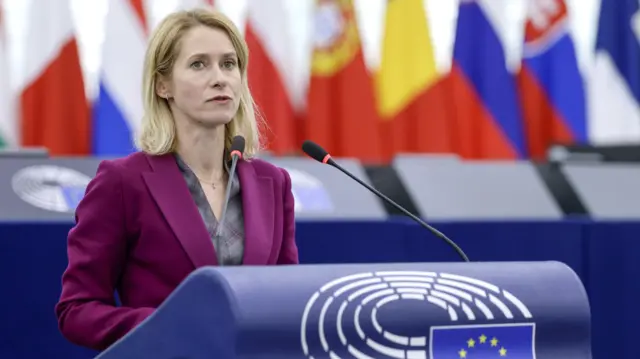 The European Union High Representative for Foreign Affairs Kaja Kallas speaking at a blue podium.