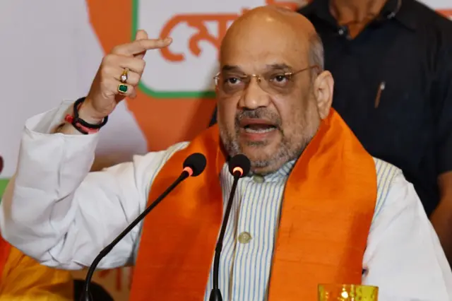 The national president of the Bhartiya Janta Party (BJP) Amit Shah addresses the media prior to a rally as part of the election campaign in Kolkata, on April 22, 2019. (Photo by Debajyoti Chakraborty/NurPhoto via Getty Images)