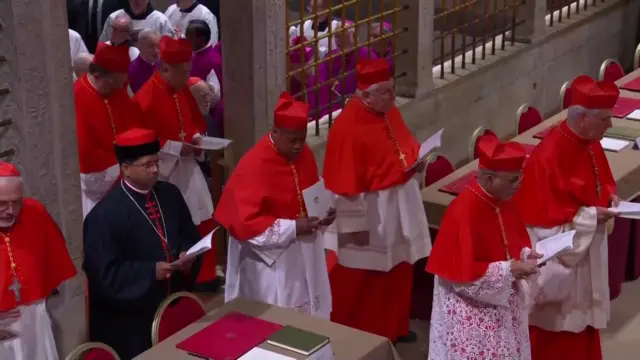 Cardinals, wearing red and white, walk together