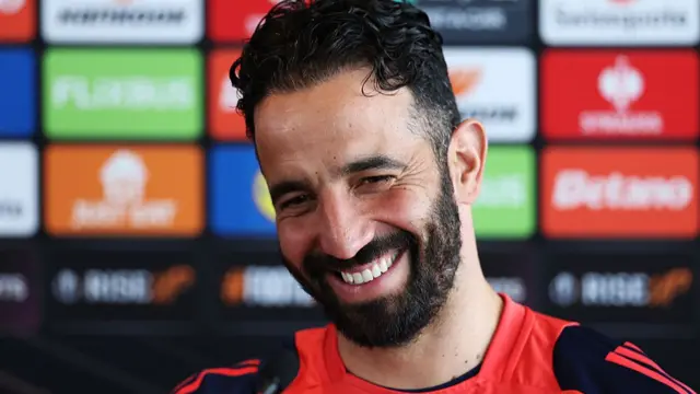 Ruben Amorim, Manager of Manchester United, reacts during a press conference