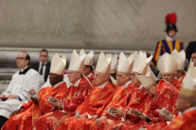 Members of the clergy gathered in St Peter’s Basilica for a Mass celebrating the election of the new pope