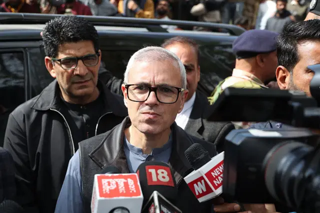 Chief Minister Omar Abdullah talks to the media after participating in the funeral of Adil Hussain, who was killed in a militant attack in Pahalgam