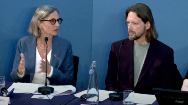 Campaigner and victim Carolyn Challis and Andrew Evans, founder of Tainted Blood sit on the panel