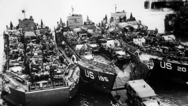 Black and white image of D-Day landing craft at Portsmouth Harbour