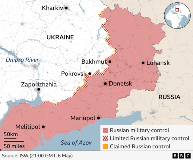 Map showing which areas of east of Ukraine are under Russian military control or limited Russian control.