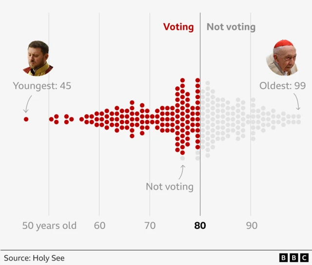 Graphic showing voting and and non-voting cardinals, broken down by age