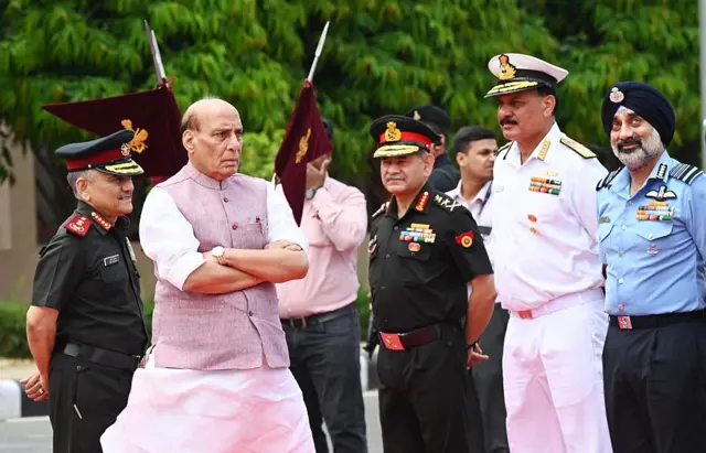 Defence Minister Rajnath Singh with Chief of Defence Staff General Anil Chauhan, Chief of the Army Staff General Upendra Dwivedi and Chief of the Naval Staff Admiral Dinesh K Tripathi, Air Force Chief Air Chief Marshal AP Singh during Guard of Honour ceremony of Japanese Defence Minister Gen Nakatani (unseen), at the Manekshaw Centre on May 5, 2025 in New Delhi, India. (Photo by Arvind Yadav/Hindustan Times via Getty Images)