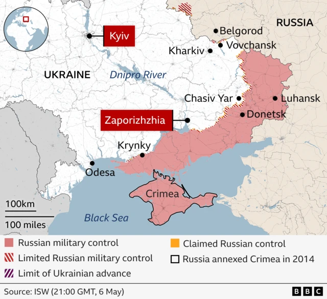 A map of Ukraine highlighting Kyiv and Zaporizhzhia