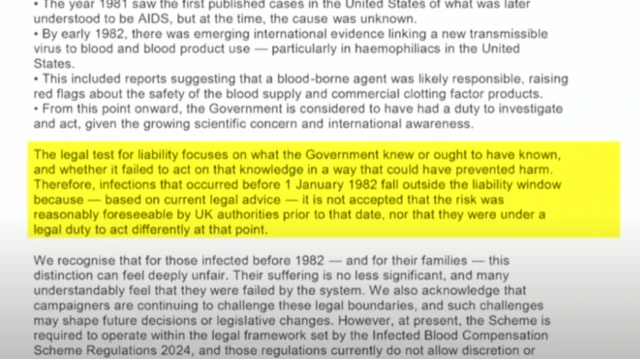 Document presented at Infected Blood Inquiry that includes the line: "infections that occurred before 1 January 1982 fall outside the liability window because - based on current legal advice - it is not accepted that the risk was reasonably foreseeable by UK authorities prior to that date".