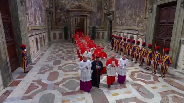 The cardinals, wearing red, walk together, standing in pairs, and guards in ceremonial dress stand on either side