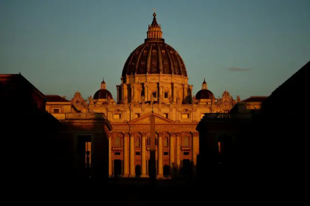 General view of Saint Peter's Basilica in the early morning light on the first day of the conclave to elect the next pope