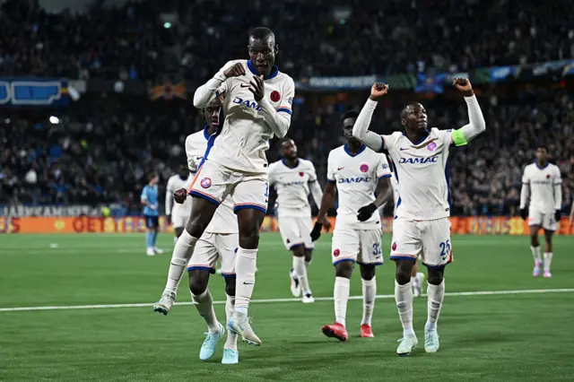 Nicolas Jackson celebrating with his Chelsea team-mates