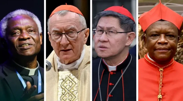 A composite image of cardinal Peter Kodwo Appiah Turkson, cardinal Pietro Parolin, cardinal Luis Antonio Gokim Tagle, and cardinal Fridolin Ambongo Besungu