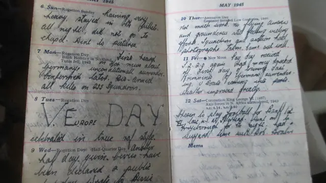 Page from John Tock's diary showing the handwritten entry for VE Day