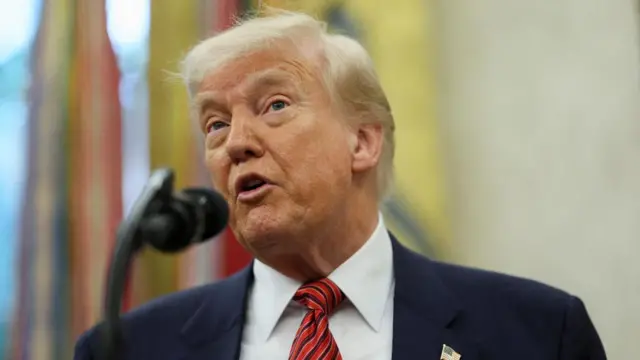 Donald Trump speaks into a microphone