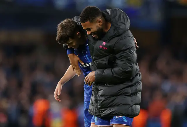 Reggie Walsh, left, and Reece James of Chelsea after their side's victory in the UEFA Conference League 2024/25 Semi Final Second Leg match between Chelsea FC v Djurgarden at Stamford Bridge on May 08, 2025 in London, England.