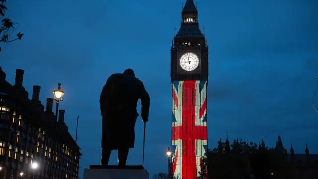 Silhouette of Winston Churchill's statue standing in front of Big Ben at night, which is illuminated with the Union Flag