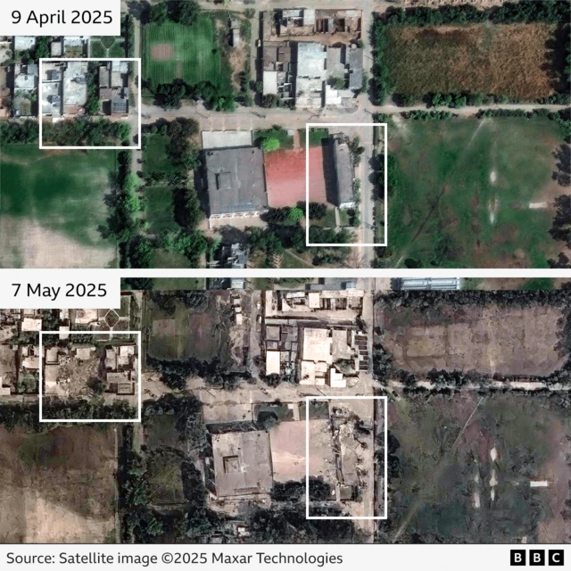 Two buildings around 150m apart that have been hit in the small town of Nangal Sahdan
