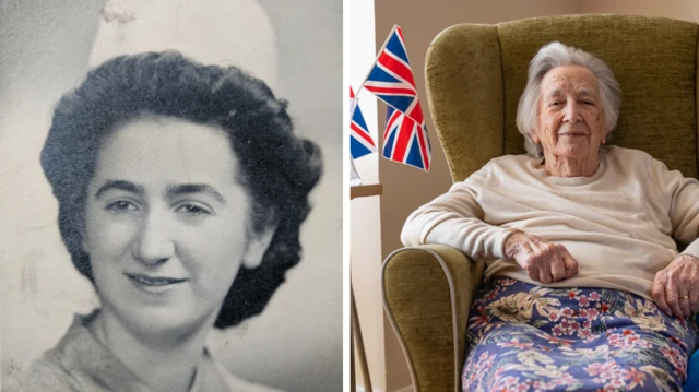 A composite photo of young Margaret Johns in a nurse uniform and a recent picture of her sitting on a brown velvet armchair, three Union flags on a table to her right