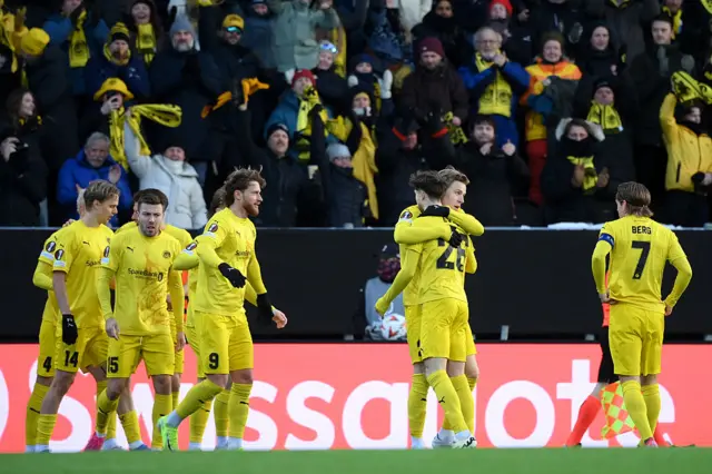 Ulrik Saltnes of FK Bod/Glimt celebrates scoring his team's first goal with teammate Hakon Evjen during the UEFA Europa League 2024/25 Quarter Final First Leg match between FK Bodo/Glimt and S.S. Lazio