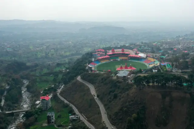 An aerial view shows the Himachal Pradesh Cricket Association Stadium in Dharamsala on February 20, 2024.