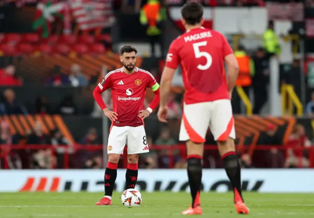 Manchester United's Bruno Fernandes looks on after Athletic Bilbao's Mikel Jauregizar scored