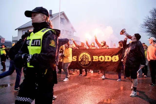 Bodo/Glimt fans march to the ground before the UEFA Europa League semi-final second Leg match at the Aspmyra Stadium in Bodo, Norway.