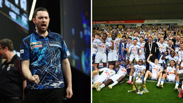 A split image of Luke Humphries and Leeds United
