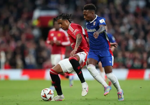 Manchester United's Leny Yoro in action with Athletic Bilbao's Alvaro Djal