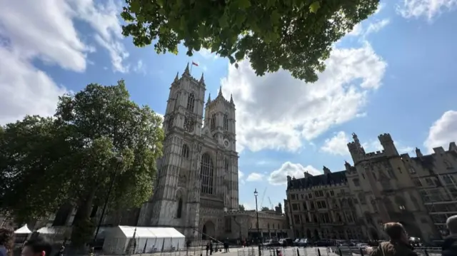 Westminster Abbey against clear blue skies