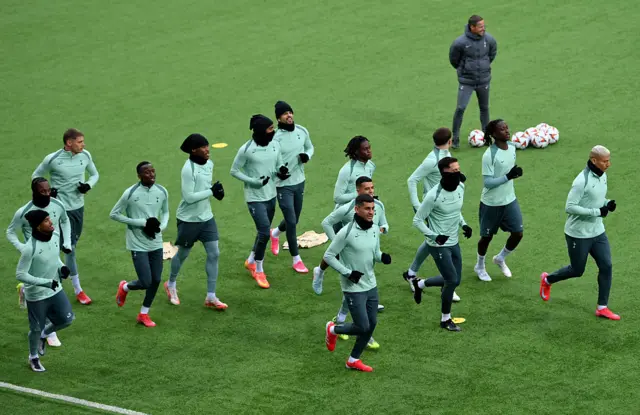 Players of Tottenham Hotspur look on during a training session ahead of their UEFA Europe League 2024/25 semi final second leg match against FK Bodo/Glimt at Aspmyra Stadion