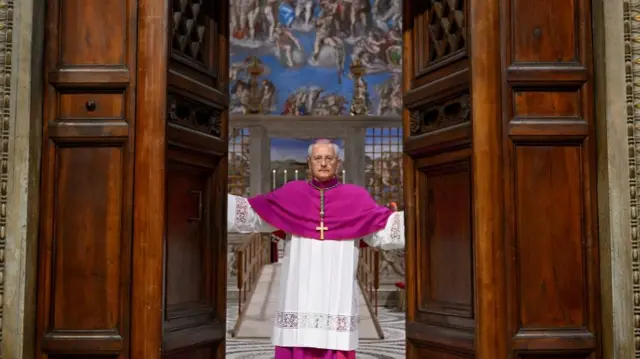 Archbishop Diego Giovanni Ravelli closes the doors of the Sistine Chapel, ahead of the conclave to elect the next pope at the Vatican