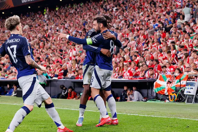 Bruno Fernandes celebrating with his Manchester United team-mates