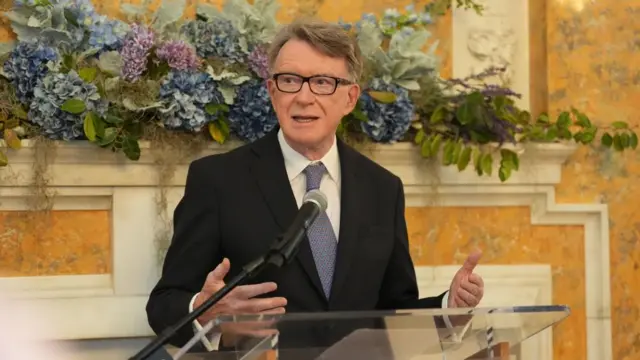 UK ambassador to the US Lord Peter Mandelson speaking at the British Embassy in Washington DC.