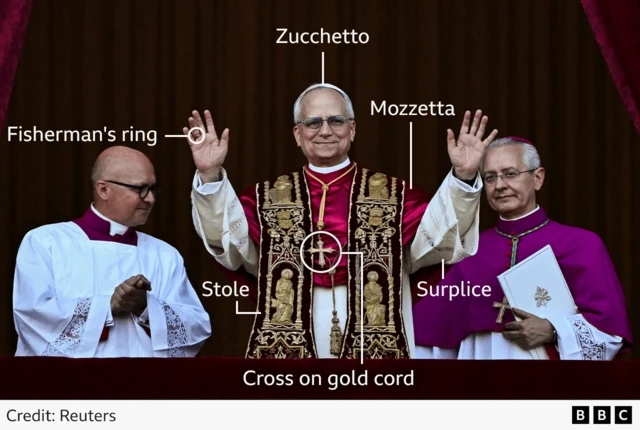 Pope Leo waves on the balcony in St Peter's Square. He is wearing a white zucchetto - a type of white hat- on his head, a white linen vestment with a deep red mozzetta going across his shoulders on top. Draped and hanging down from both shoulders is a decorated stole in black and gold. He has a fisherman's ring on his right hand and a cross on gold cord hanging from his neck.