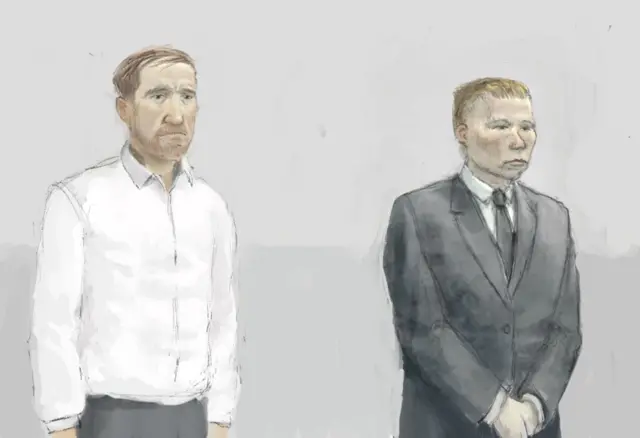 Court sketch of Graham, with short ginger hair and beard in a white shirt, and Carruthers, with short blond hair and in a dark suit and tie