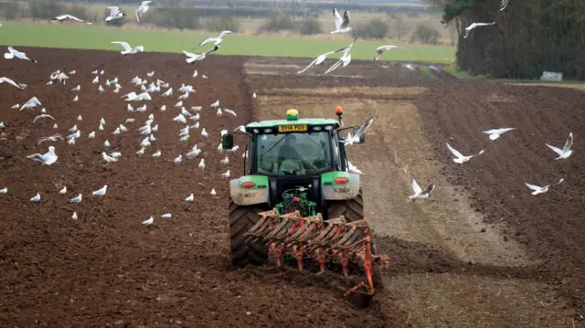 A farmer drives a tractor to plough a field in North Yorkshire