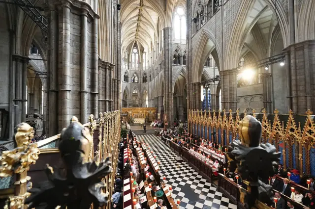 A wide shot image of the inside of Westminster Abbey