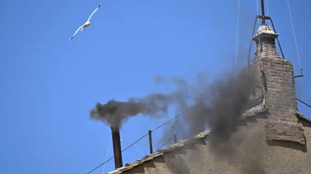 Black smoke coming from a chimney on the roof of the Sistine Chapel