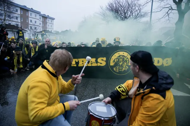 Bodo/Glimt fans march to the ground before the UEFA Europa League semi-final second Leg match at the Aspmyra Stadium in Bodo, Norway.